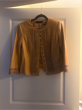Dana Buchman Tan Leather Button-Front Jacket/Braided Trim -soft lamb leather.